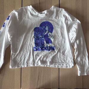 DIXXON women’s long sleeve crop t white luau with purple & blue print - Size XL